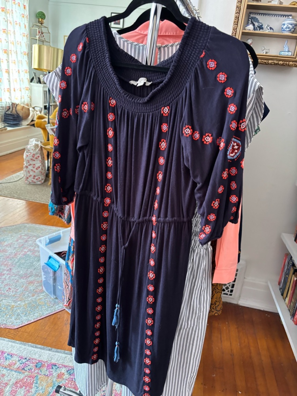 LOFT Navy Blue Embroidered Midi Dress with Red Accents